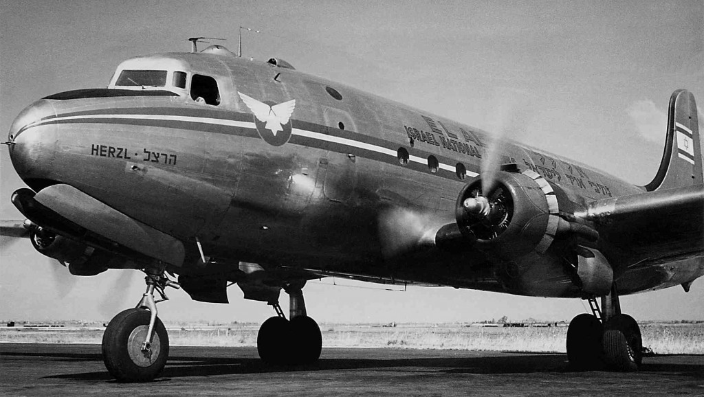One of EL AL’s first two aircraft, Douglas DC-4 ‘Herzl’, registration 4X-ACD, at Lod Airport, Tel Aviv, Israel. This aircraft operated EL AL’s first scheduled passenger flight, on 31 July-1 August 1949 from Tel Aviv via Rome to Paris. (Ozzie Goldman photo, Marvin G. Goldman [‘MGG’] collection). 
