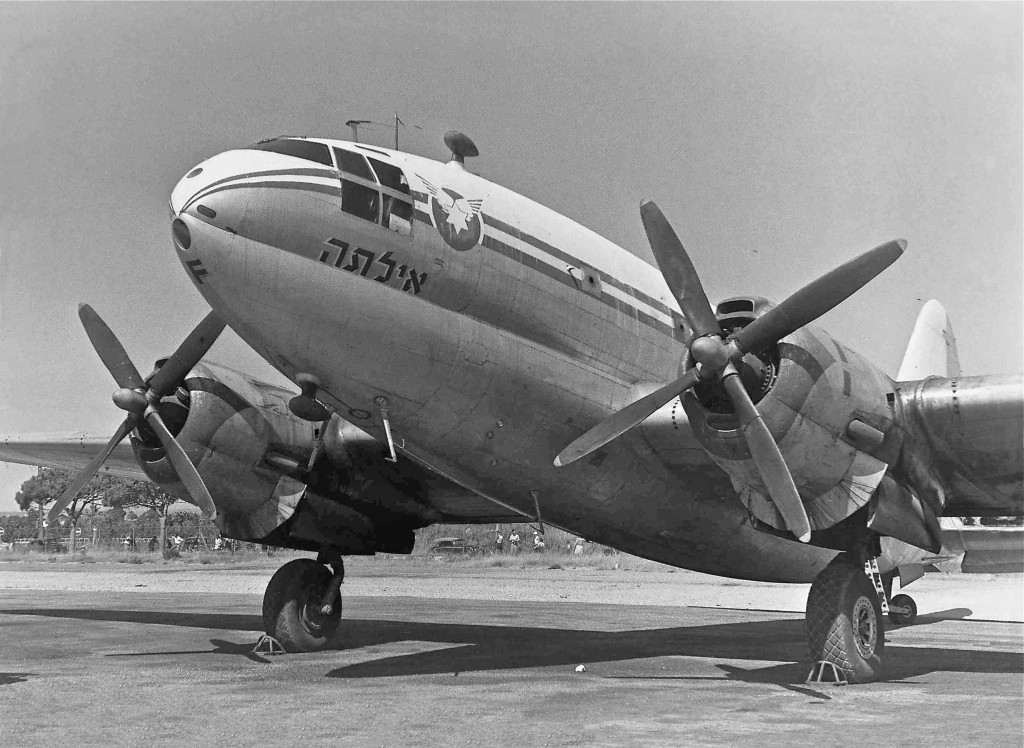 EL AL C-46, 4X-ACF, 'Eilata', at Eilat, 1950 (EL AL Archive)