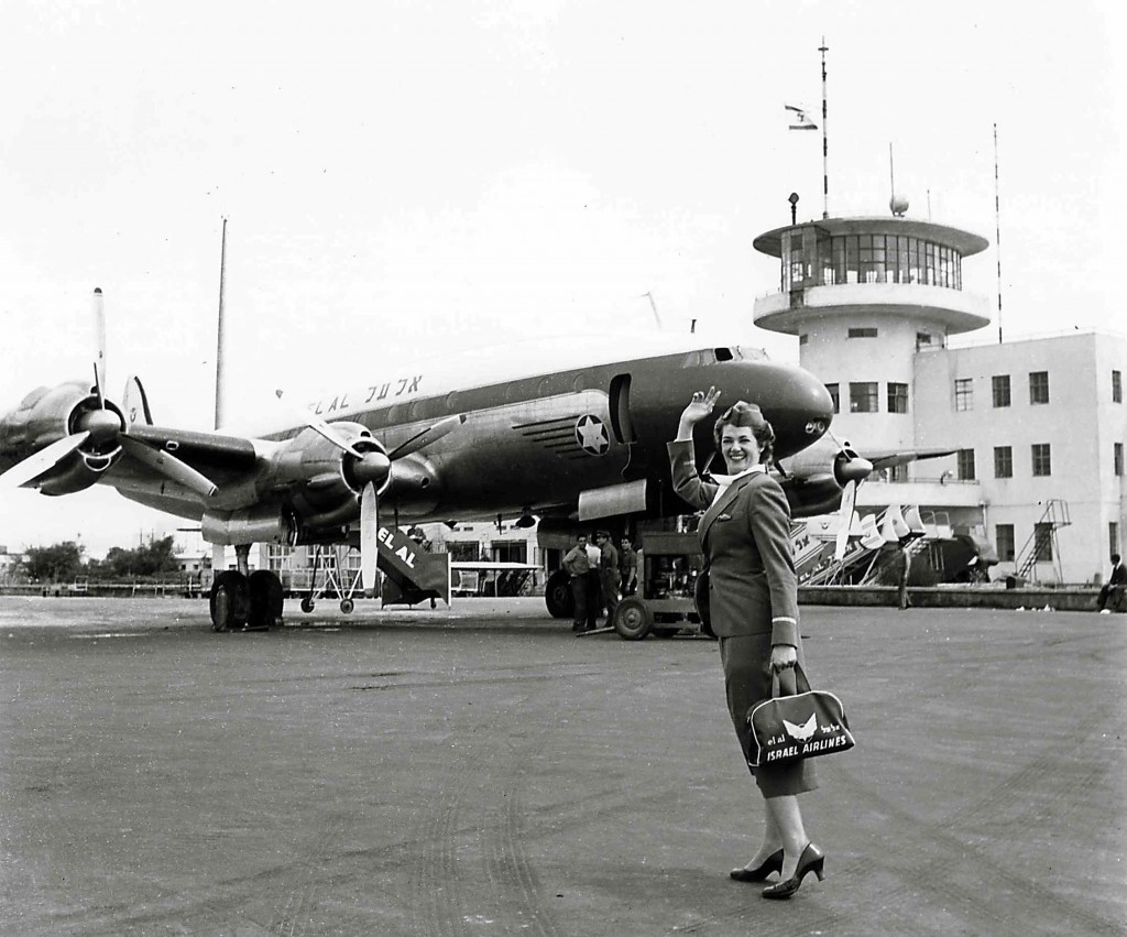 EL AL Constellation at Lod Airport, Israel, with Miriam Gold, Flight Attendant, 1951 (EL AL Archive)