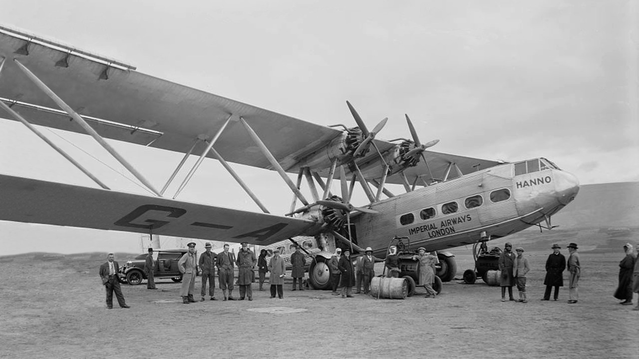 Preparing Imperial Airways Handley Page H.P.42 G-AAGX Hannibal, a giant aircraft in its day, at Tzemah on the shore of the Sea of Galilee for its first flight east to Baghdad and India on 21 October 1931. (American Colony Photo Department—Jerusalem, via US Library of Congress) 