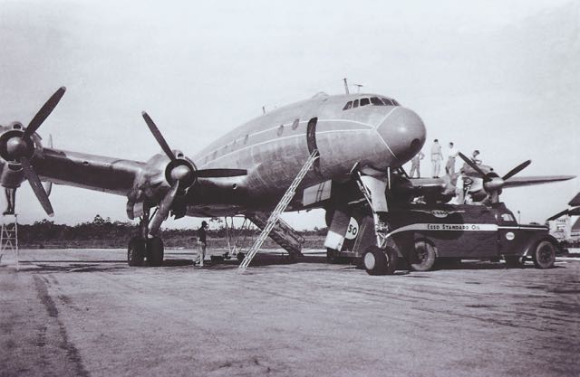The Lockheed C-69 Constellation flown from the US to Israel for use as an arms transport during Israel’s War of Independence, being serviced at Panama's Tocumen Airport in May 1948. To circumvent the then-existing US arms and aircraft embargo on the Middle East, it was registered in Panamá under the guise of a fictitious Panamanian airline, Líneas Aéreas de Panamá SA (LAPSA). The Panamanian registration RX-121 (together with the flag of Panamá) was painted on the tail. A similar photo taken the same day was even printed in Panama as a postcard to promote the illusion that LAPSA was a real airline. This Constellation later became EL AL’s 4X-AKC. (Israel Defense Forces Photographic Archive, Tel Aviv) 