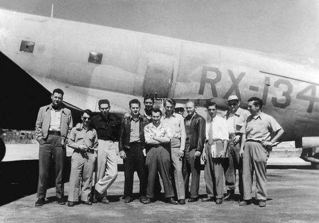 Two C-46 Mahal crews in front of Panamanian-registered RX-134 at Ajaccio, Corsica, serving in the supply airlift to Israel, June 1948. L-R: Ed Styrak, Harold Livingston, Harry Schwartz, Al Raisin, Cyril Steinberg, Eddie Chinsky, Gordon Levett (later a pilot with EL AL), Jack Goldstein, Len Dichek, Al Dobrowitz and Eli Cohen. (Harold Livingston collection)