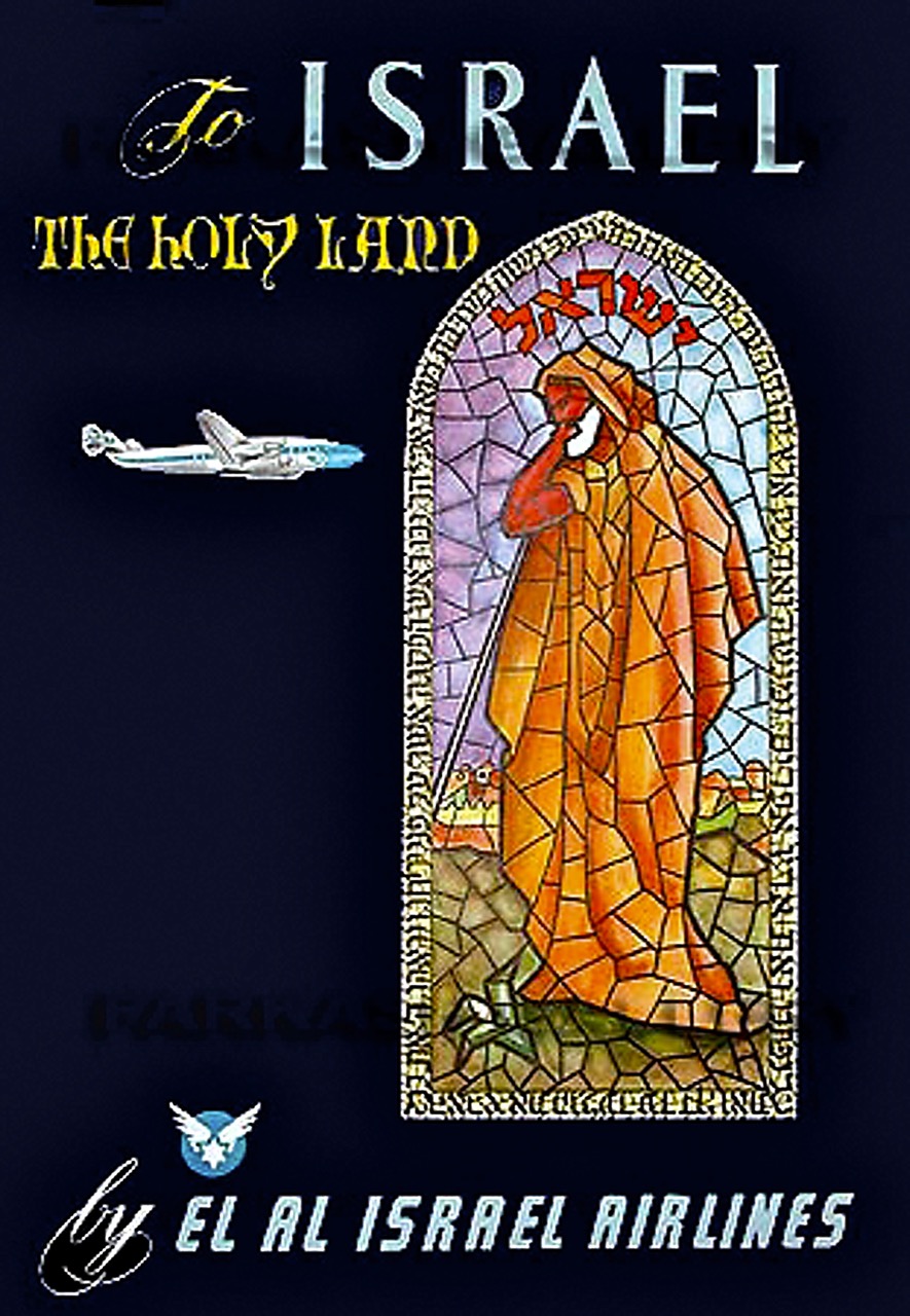 An early Constellation-era poster, depicting Moses of the bible and a stained glass window, inviting travel to the Holy Land. Designed by Shmuel Grundman, 1952. (Micha Riss collection)