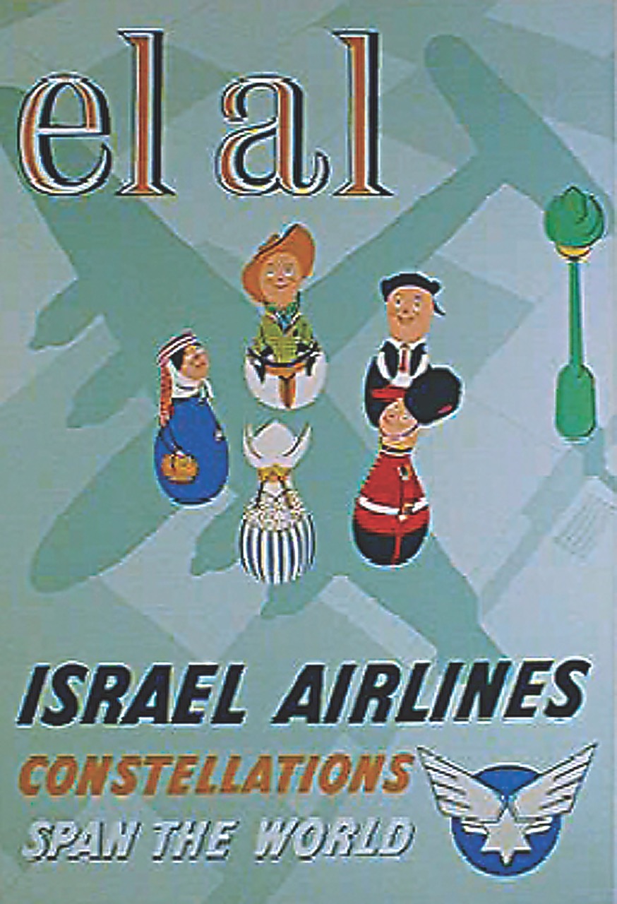 A rare early 1950s poster, 'EL AL Israel Airlines Constellations Span the World'. In only two years EL AL's routes remarkably spanned from Tel Aviv to South Africa, Europe and New York. (Micha Riss collection; printed in South Africa)