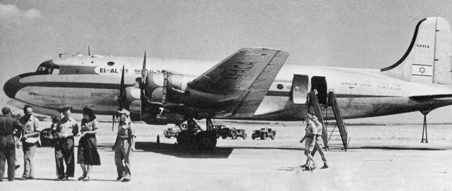 The first aircraft to bear the name 'EL AL', a Douglas DC-4 (built as a C-54 military transport), 4X-ACA, at Ekron Air Base in the Negev, southern Israel, shortly before the historic flight to Geneva, Switzerland, on 29 September 1948 to bring Chaim Weizmann home to become Israel's first President. EL AL had not yet been incorporated, but this entity is shown as owner against the first entry in the Israeli civil aircraft register. Dated 27 September 1948, this registration was 4X-ACA, '4X' was the prefix assigned to israel by the International Civl Aviation Organization. (State of Israel Ministry of Defence, Military (I.D.F.) & Defence Establishment Archives) 