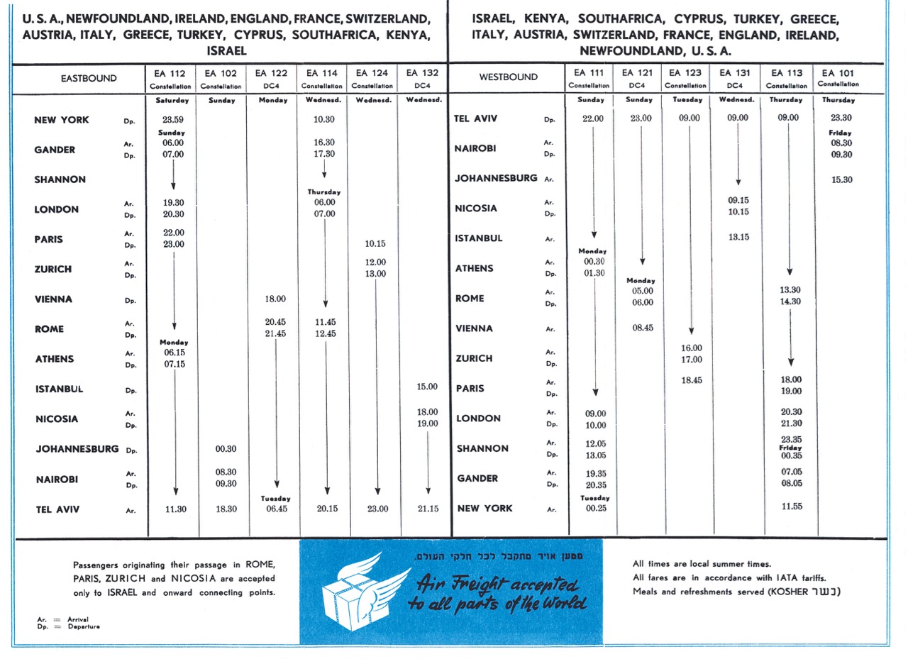 EL AL's first timetable featuring its Constellation service, front and inside, 29 April 1951, New Hork Office edition (MG collection)