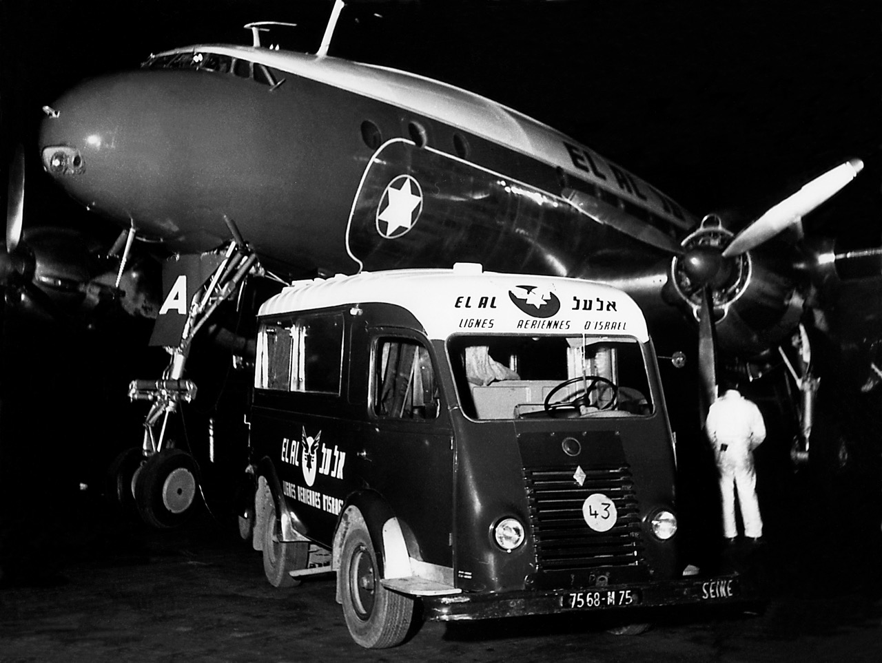 EL AL Constellation 4X-AKA at Paris-Orly about 1952, attended by an EL AL Renault van/minibus. (EL AL Archive)