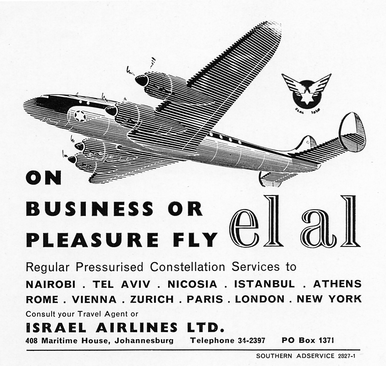EL AL Johannesburg, South Africa, advertisement, publicizing travel to Tel Aviv and beyond, about 1951. (MG collection via Hans Winter)