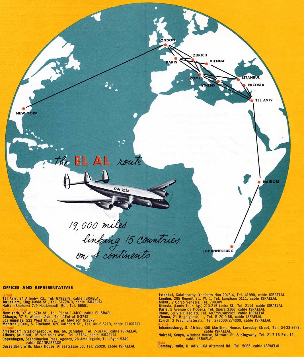 EL AL's network from April 1951 through February 1956, taken from a timetable dated winter 55/56. Within two years after inaugurating scheduled service, EL AL linked 12 cities on routes covering 30,000km (19,000mi). The reference in the illustration to '15 countries' includes those points used for refueling stops. (MG) 