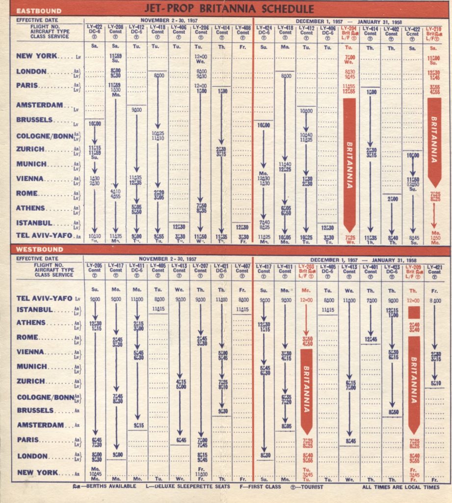 EL AL winter 1957/58 schedule, the first showing Britannia service, which started on 22 December 1957 with one flight per week. This quickly increased to twice a week and by summer 1958 to five times weekly. (MG)