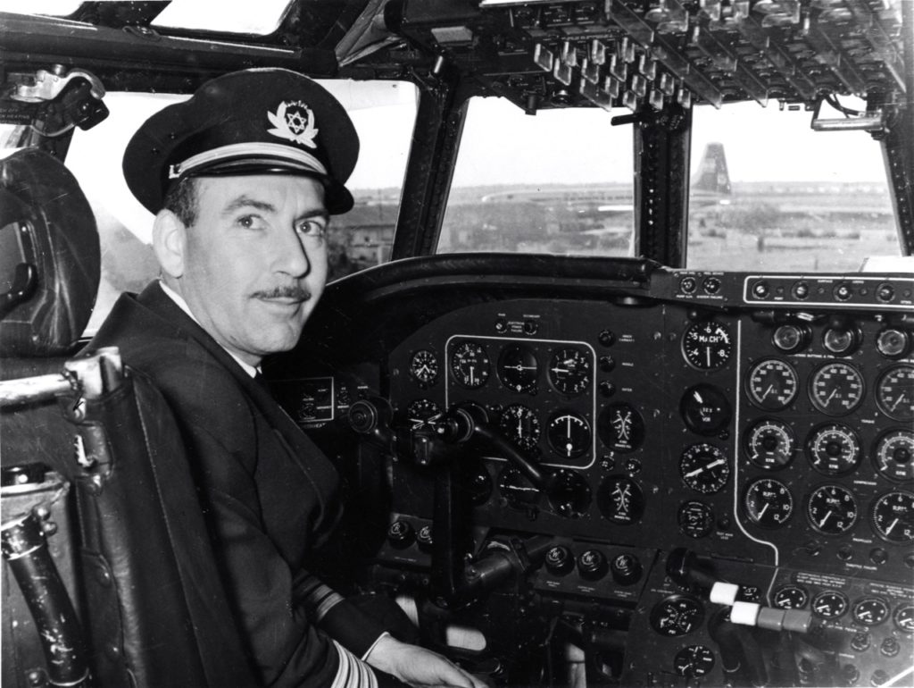 Capt. Zvi Tohar, one of the first native Israelis to become an EL AL captain, in the cockpit of a Britannia at Lod Airport, about 1958. He eventually became chief pilot and later chief of flight operations. EL AL's usual Britannia cockpit crew complement was four or five. (EL AL Archive ) 