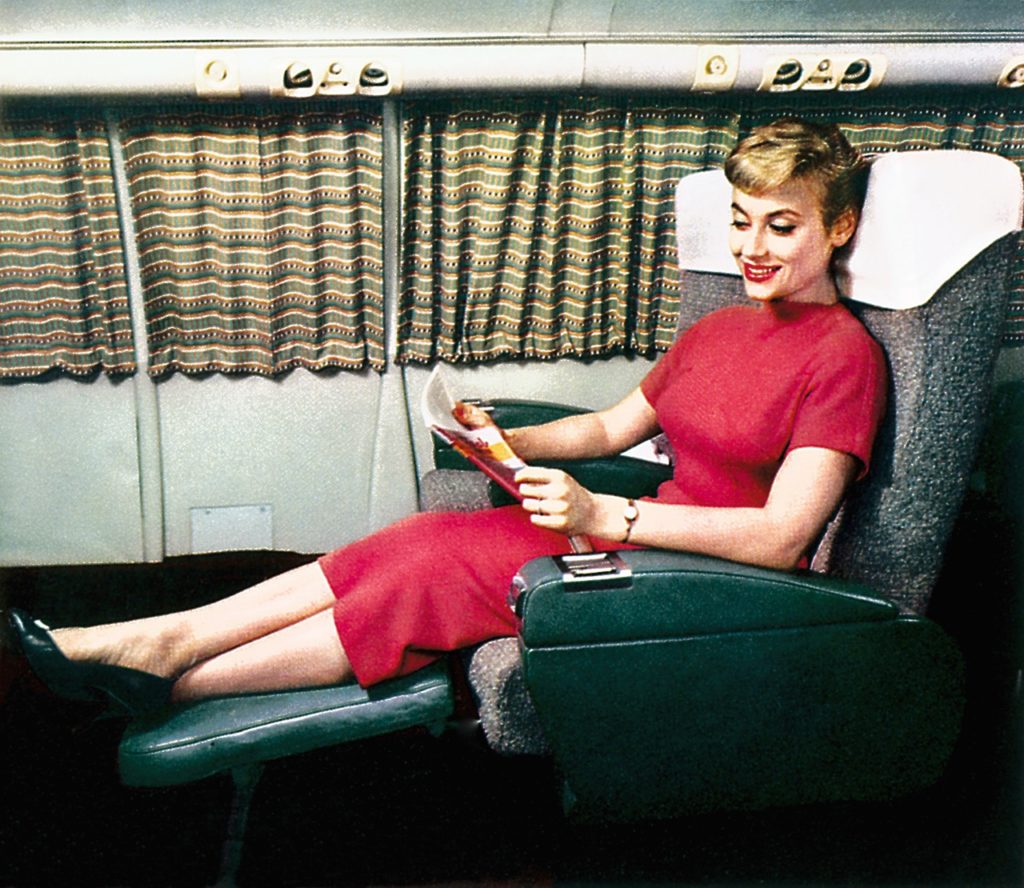 First class fully reclining sleeperette seating in the rear cabin of an EL AL Britannia, 1958. 'The Whispering Giant' nickname was attached to the Britannia because of its quiet performance. (MG from an EL AL brochure) 