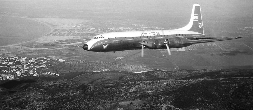 A Britannia flying over Haifa Bay, Israel, about 1958. EL AL's aircraft were Series 313s, with Proteus 755 engines. (EL AL Archive)