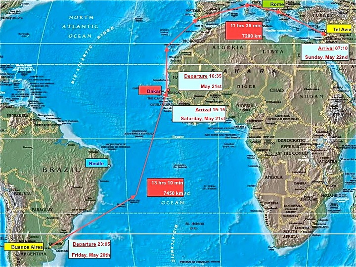 Map of the EL AL Britannia flight that brought captured Nazi war criminal Adolf Eichmann, drugged by the Israeli secret service and dressed in an EL AL uniform, from Buenos Aires, Argentina, to Israel to stand trial. To prolong the secrecy of the flight, and challenging the Britannia’s operating limits, only one stop – in Dakar – was made en route. The EL AL flight crew included chief pilot Capt. Zvi Tohar, Capt. Shmuel Wedeles, First Officer Azriel (Spivak) Ronen, Flight Engineers Shimon Blank (a Holocaust survivor of Dachau) and Oved Kabiri, Chief Navigator Shaul Shaul and Navigator Gadi Hassin, Chief Radio Operator Dan Alon and Radio Operator Daniel Sasson, and Flight Attendants Kurt Mayer, Joseph Debsky, Shmuel Aloni, Shomaria Shabatai and Tzipora Cohen. They were joined by Aryeh Friedman, head of aircraft maintenance (also a Holocaust survivor) and Mordechai Avivi, aircraft electrical technician. (Map prepared by Shaul Shaul, via Baruch Tirosh, both of whom, along with Joe Klein and Luba Volk, provided information on Operation Eichmann) 