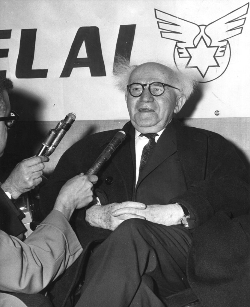 David Ben-Gurion, former prime minister of Israel and one of EL AL’s most frequent travelers, gives an interview in New York following one of his many trips on EL AL, 1960. Ben-Gurion Airport (formerly ‘Lydda’ or ‘Lod’) is named in his memory. (EL AL Archive) 