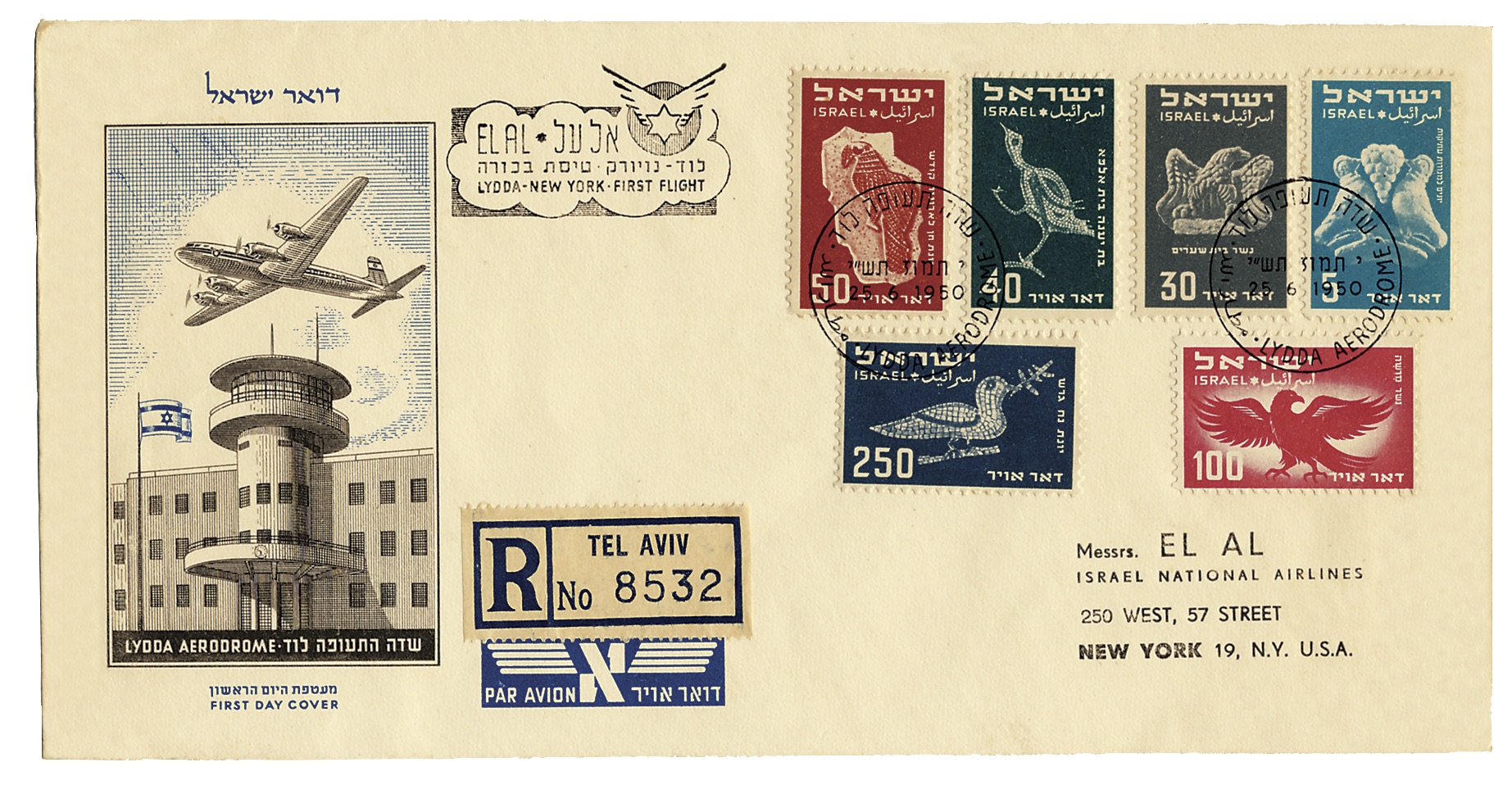 Flight cover flown on EL AL's first 'official' passenger charter flight to the United States. The DC-4 left Tel Aviv on 25 June 1950, arriving at Idlewild Airport, New York on 27 June following stops in Rome, Italy; Shannon, Ireland; and Gander, Newfoundland. (MG collection via Stanley Baumwald)