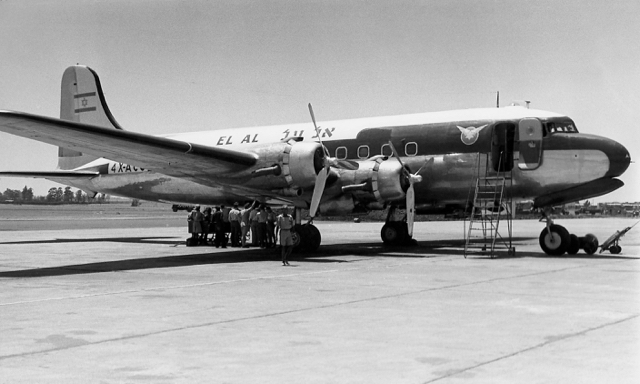 EL AL's DC-4 4X-ACC at Nairobi, Kenya en route to Johannesburg, South Africa, after receiving a new color scheme in fall 1950. As other airlines, the round DC-4 windows are outlined by painted white rectangles, making the aircraft appear more like the newer and pressurized DC-6 which had square windows. (MG collection, via Rolf Larsson and Arne Fager)