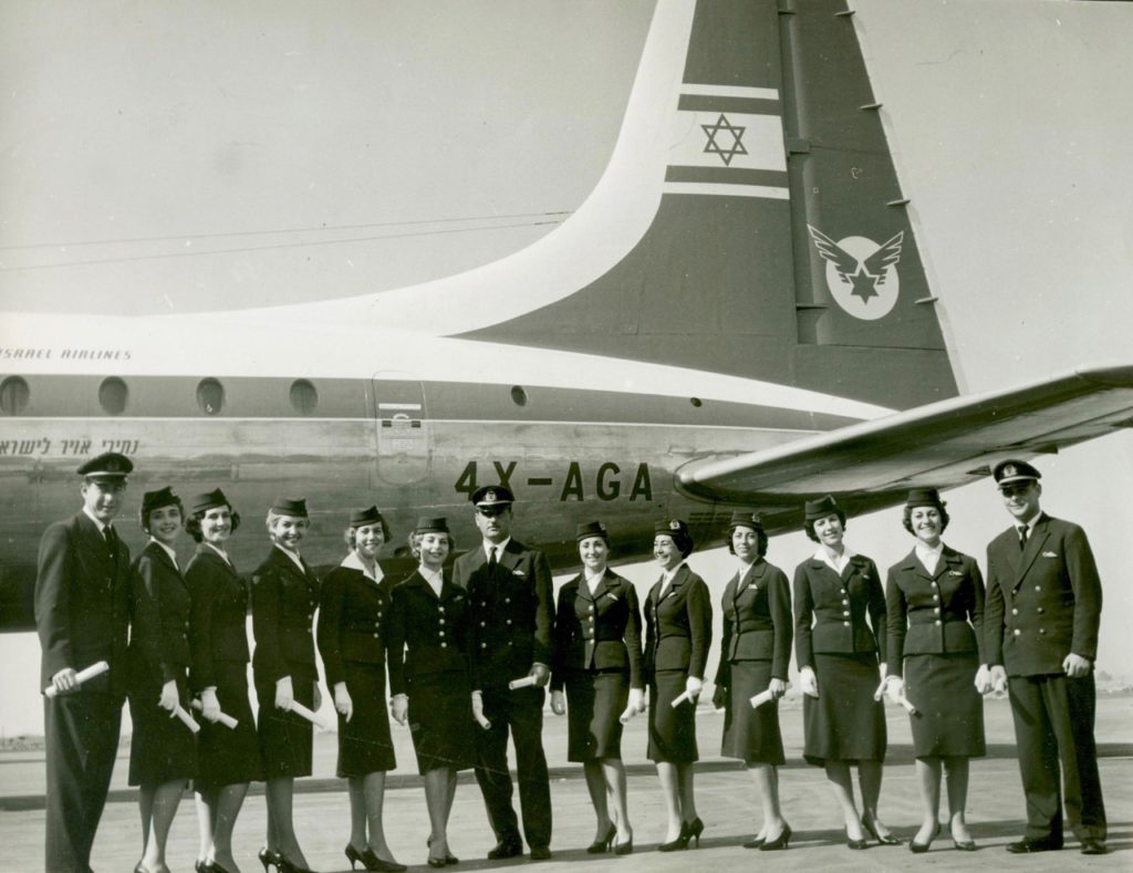 Graduating class of new flight attendants sporting the new uniforms introduced by EL AL upon starting Britannia service in December 1957. (EL AL Archive)
