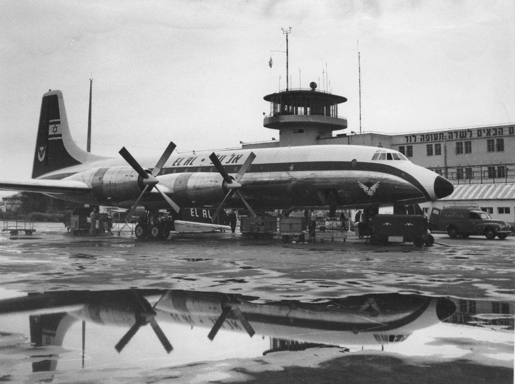 A Britannia at Lod Airport following a winter rain, about early 1958. (EL AL Archive)