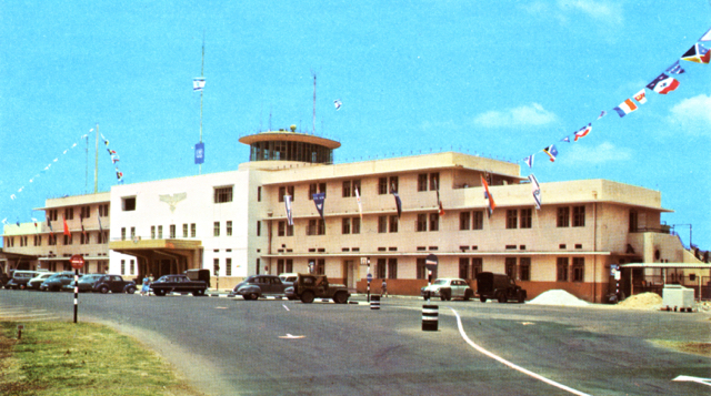 Lod Airport in the early 1950s. The airport (called Lydda before the founding of the State of Israel in May 1948) as well as the terminal building shown, were built by the British during 1934-37. (Postcard no. 5323 by Palphot, Herzliya, photo by Y. Dorfzaun) 
