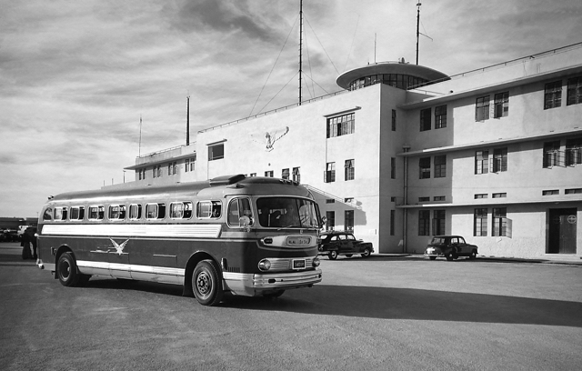 One of EL AL's first buses, built by General Motors, in front of the Lod Airport terminal in January 1951, transporting passengers between the EL AL office in Tel Aviv and Lod Airport. (Israel Government Press Office) 