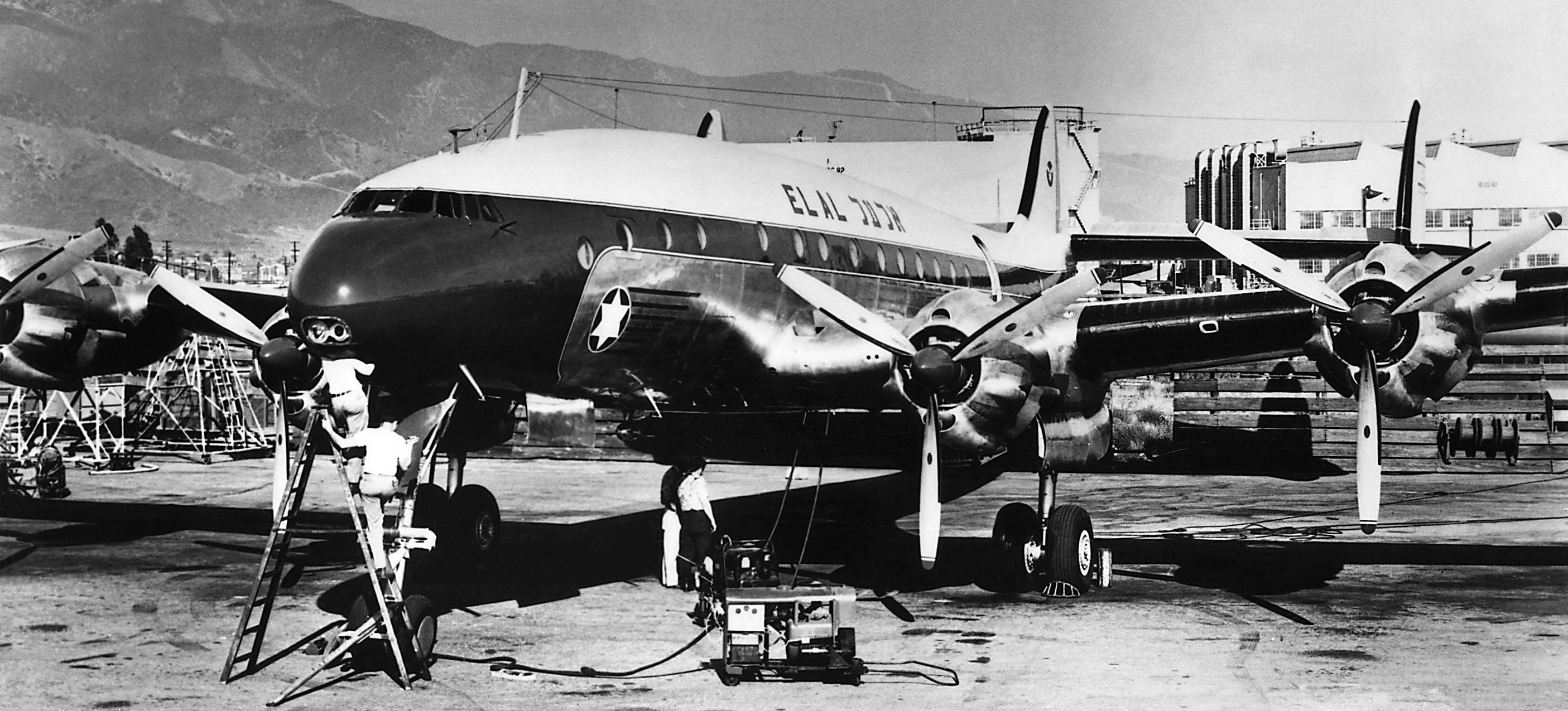 One of EL AL's first Lockheed 049 Constellations being refurbished for passenger service by Schwimmer Aviation at Burbank, California, 1950. (BIAF—Israel Aviation & Space Magazine) 