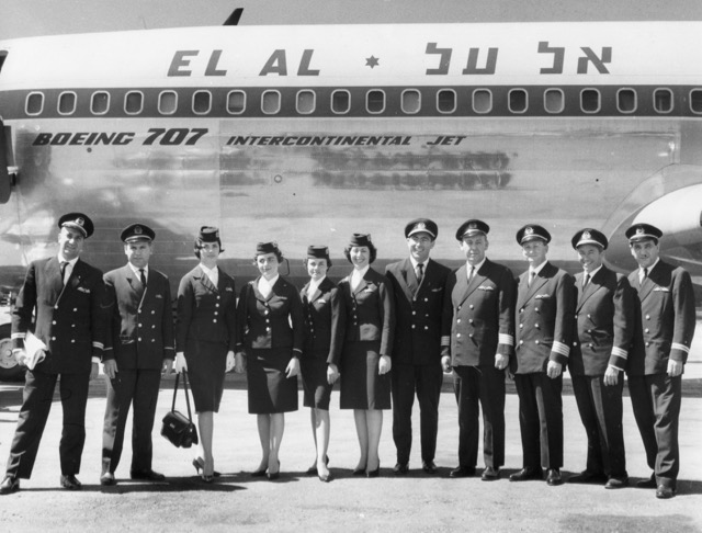 Crew of the nonstop New York--Tel Aviv stage of the maiden scheduled passenger flight of EL AL’s 707 4X-ATA on 15 June 1961 which set a long-distance record. On the far left is Yoav (Chico) Raanan (radio officer), and the five persons on the right side are, L-R: Dov Arav (flight engineer), Tom Jones (co-captain), Danny Rosin (co-captain), Sam Boshes (first officer), and Gady Hassin (navigator). (MG via Capt. Danny Rosin)