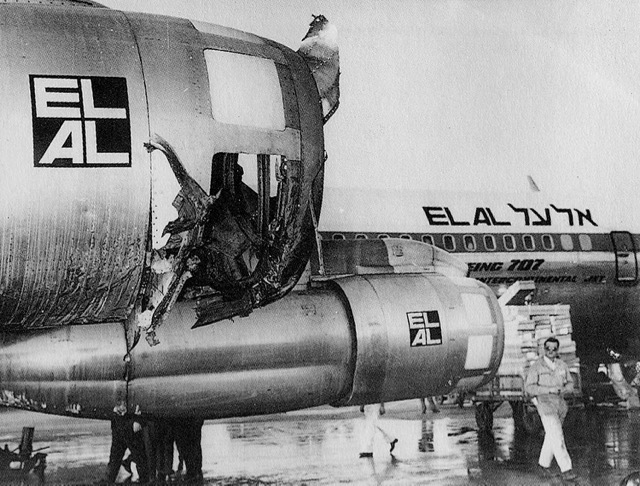 Part of the damage to 707-358B 4X-ATR inflicted by Arab terrorists in an attack at Athens Airport, 26 December 1968. Despite numerous Arab guerrilla attacks from 1968 into the 1970s, EL AL not only survived but thrived through the strictest security measures in the industry and the determination of its personnel. (EL AL)