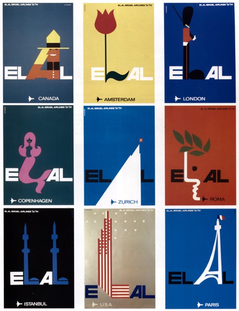 Posters from a 1968-72 EL AL series by noted Israeli artist/designer Dan Reisinger. In each, one of the letters from the airline's title is transformed into a famous symbol of the destination. (MG)