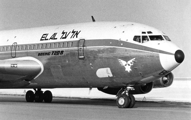 Terrorism struck again as Arab guerrillas attacked EL AL’s Boeing 720B (4X-ABB) with grenades and machine gun fire at Zürich’s Kloten Airport on 18 February 1969. Numerous bullets pierced the cockpit, killing Yoram Peres, a trainee pilot. The patched bullet holes can be seen in this photograph. (EL AL). 