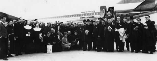 Israel is a popular destination for Christians making pilgrimages to the Holy Land. Shown is a group of Christian clergy from Europe upon arrival at Lod Airport, in the late 1960s. (EL AL)