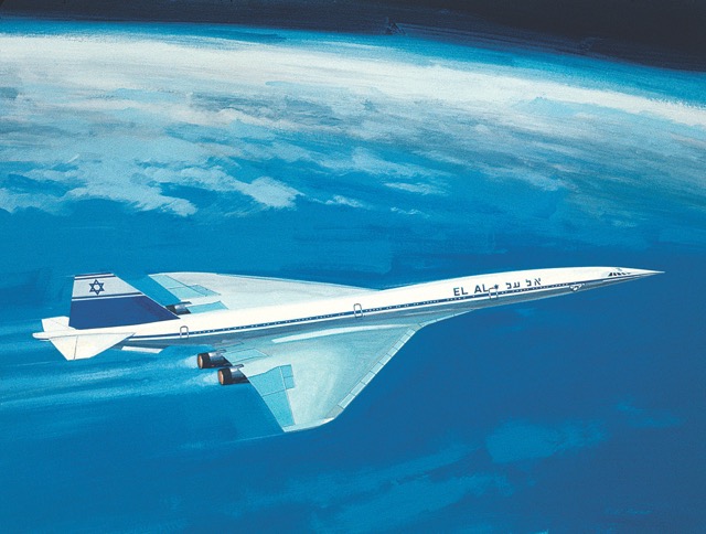 Artist’s conception of a Boeing 2707 supersonic transport (SST) in EL AL livery (1964). EL AL placed deposits on two SSTs, securing delivery positions 10 and 14. However, a US SST was never built, and the range of the European Concorde SST was not suitable for EL AL’s main Tel Aviv—New York route. (EL AL)