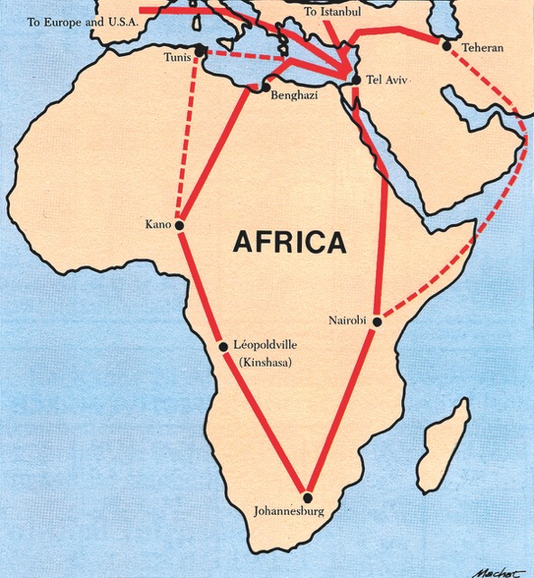 EL AL's route to Johannesburg via Nairobi was one of its first, having started in November 1950. The route was severed following the 1956 Sinai War due to Arab hostility, and operations were maintained via a North and West Africa route using leased aircraft of other airlines. With the purchase of Boeing 720Bs, EL AL restored its own service. However, unfriendly countries forced EL AL to fly an unusually circuitous route, via Teheran, Iran, and the Persian Gulf. After the 1967 war, EL AL was able to resume direct flights via Nairobi to Johanessburg(Map by artist Mike Machat)